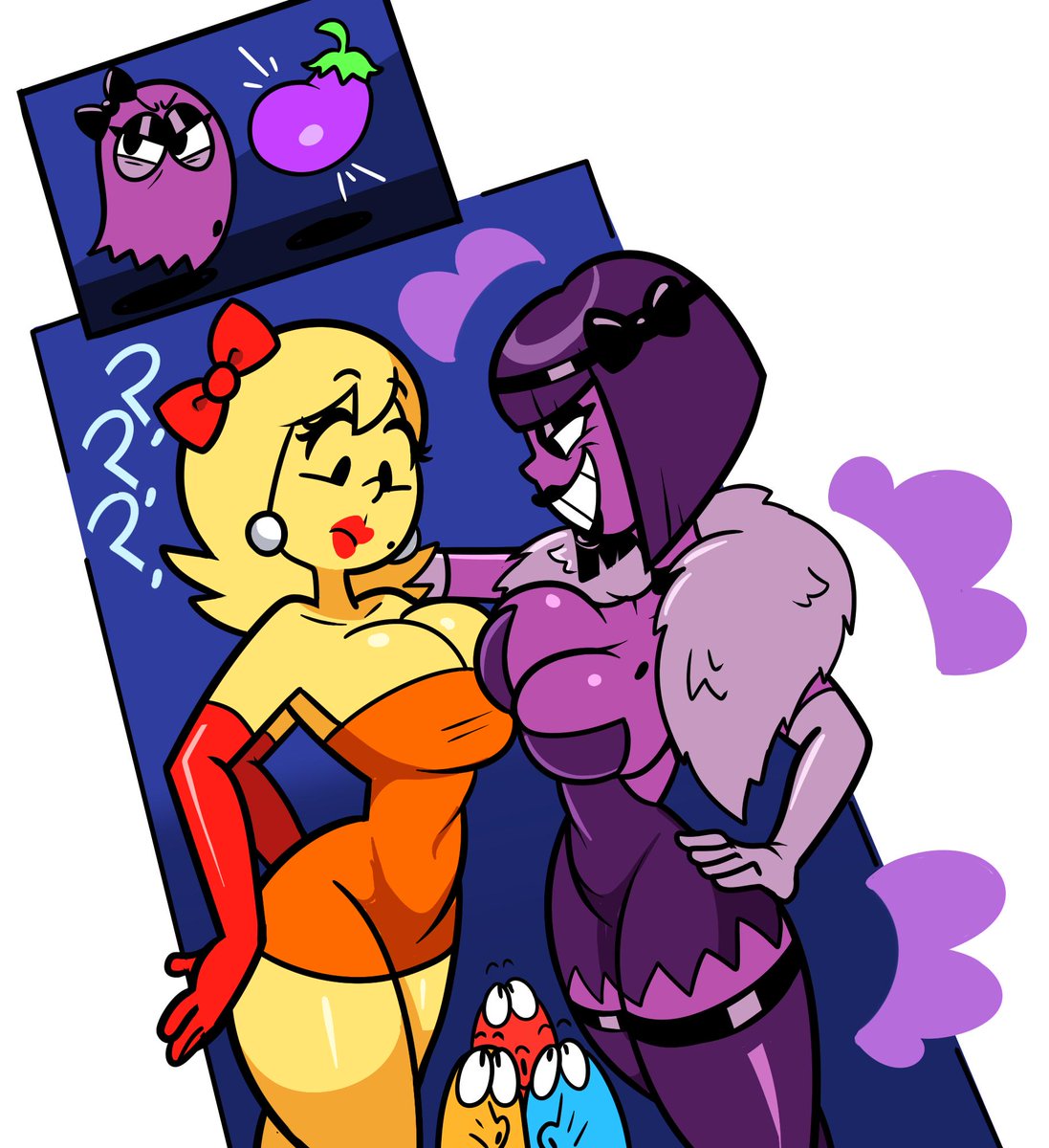 ? accessory beauty_mark blinky_(pac-man) blonde_hair breasts cleavage clothed clothing clyde_(pac-man) eggplant food fruit ghost hair hair_accessory hair_ribbon hi_res humanoid inky_(pac-man) lipstick makeup ms._pac-man pac-man_(series) plant purple_skin ribbons smile spirit sue_(pac-man) superspoe video_games