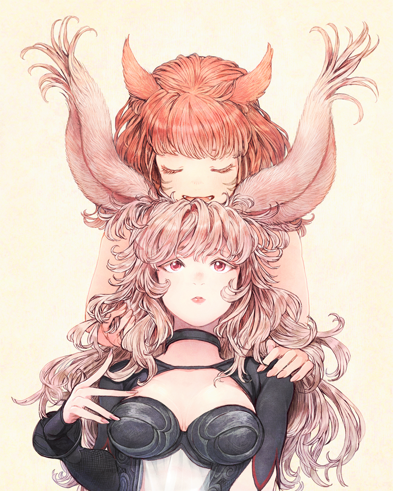 2girls animal_ears bangs breasts bunny_ears cat_ears choker cleavage_cutout closed_eyes facial_mark facing_viewer fangs final_fantasy final_fantasy_xiv hands_on_another's_shoulders head_on_head long_hair looking_at_viewer medium_breasts miqo'te mozuku_(mozuuru0323) multiple_girls open_mouth pink_hair red_eyes see-through simple_background upper_body viera whisker_markings yellow_background