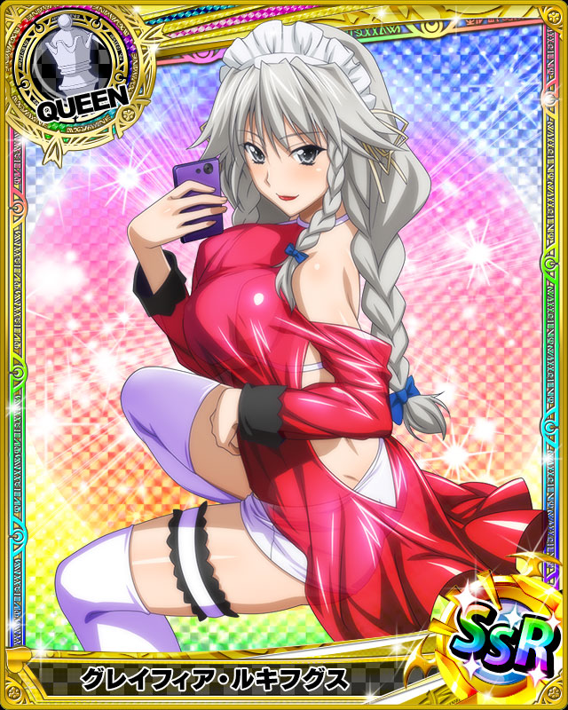 1girl braid breasts card_(medium) cellphone character_name chess_piece closed_mouth grayfia_lucifuge grey_eyes grey_hair high_school_dxd large_breasts lipstick long_hair looking_at_viewer maid_headdress makeup official_art phone queen_(chess) red_lipstick see-through smartphone smile solo thighhighs trading_card twin_braids white_legwear