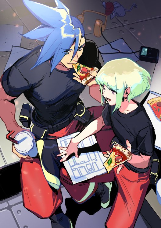 2boys blue_hair earrings eating food galo_thymos green_hair headphones jewelry lio_fotia male_focus mouse multiple_boys nigorokke open_mouth pants pizza promare purple_eyes shirt sitting spiked_hair t-shirt vinny_(promare)
