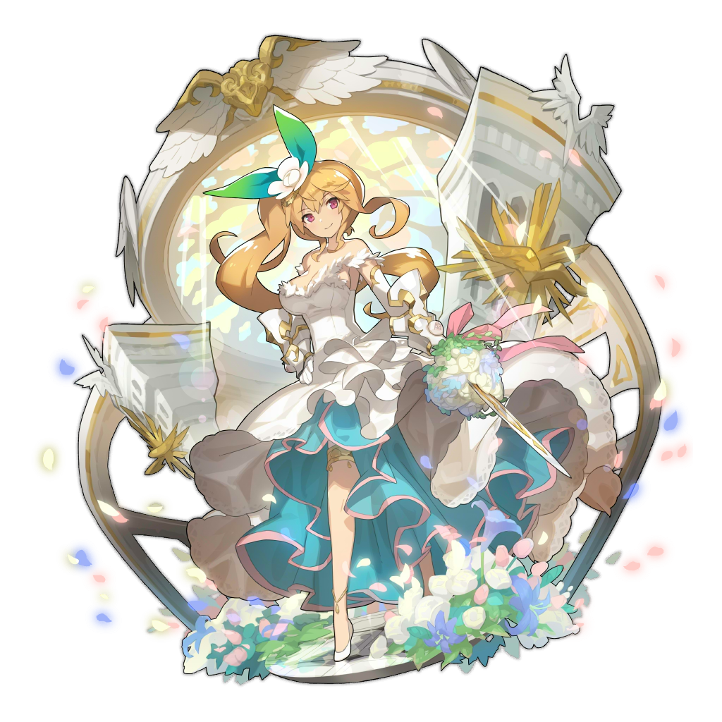 1girl armpits asymmetrical_hair bare_shoulders bouquet breasts bridal_gauntlets bridal_legwear bride cleavage cygames dragalia_lost dress elisanne eyebrows_visible_through_hair flower flowing_dress hair_flower hair_ornament hand_on_hip holding holding_sword holding_weapon large_breasts looking_at_viewer official_art petals pink_eyes ponytail rose solo stained_glass sword transparent_background weapon wedding_dress white_flower white_rose wing_decorations