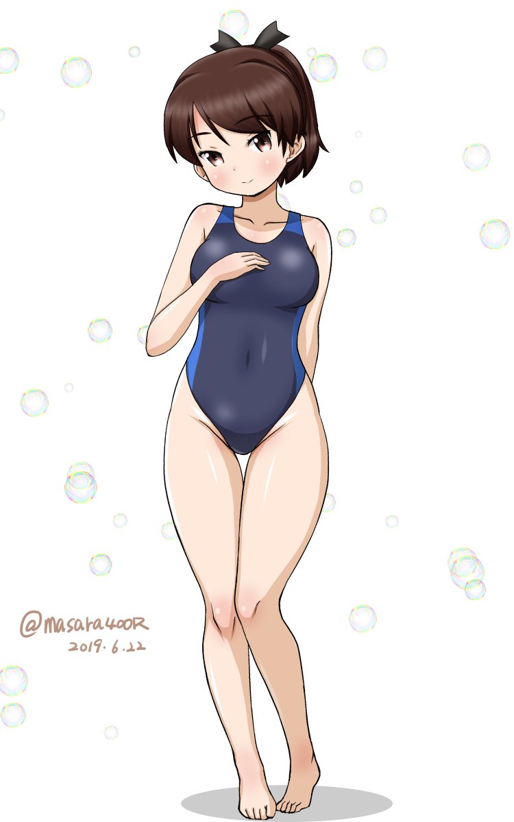 1girl barefoot black_swimsuit breasts brown_eyes brown_hair bubble collarbone competition_swimsuit covered_navel dated full_body hair_ribbon hand_on_own_chest highres kantai_collection looking_at_viewer masara_(masalucky2010) one-piece_swimsuit ponytail ribbon shikinami_(kantai_collection) short_hair simple_background small_breasts solo standing swimsuit twitter_username white_background