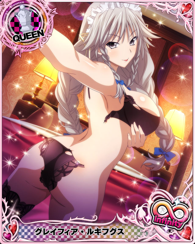 1girl ass bed black_bra black_legwear black_panties bra braid breasts card_(medium) character_name chess_piece closed_mouth grayfia_lucifuge grey_eyes grey_hair high_school_dxd high_school_dxd_infinity indoors large_breasts lipstick long_hair maid_headdress makeup official_art panties pillow queen_(chess) red_lipstick self_shot smile solo thighhighs torn_bra torn_clothes torn_panties trading_card twin_braids underwear underwear_only