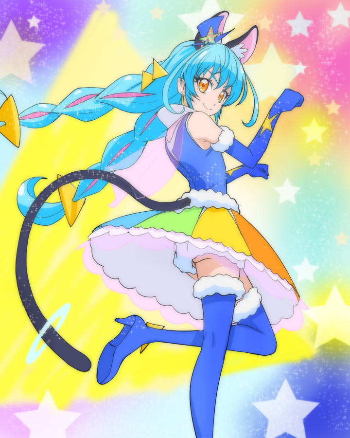 1girl animal_ear_fluff animal_ears blue_cat blue_gloves blue_hair blue_headwear blue_legwear cat_ears cat_tail closed_mouth cure_cosmo elbow_gloves gloves haruyama_kazunori hat long_hair looking_at_viewer magical_girl mini_hat multicolored multicolored_clothes multicolored_skirt orange_eyes precure skirt smile solo standing standing_on_one_leg star star_twinkle_precure starry_background tail thighhighs twintails