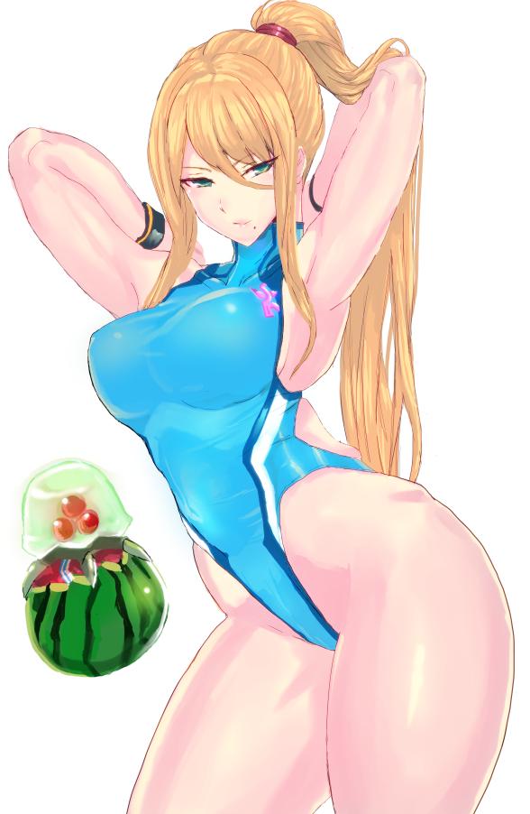 1girl 1other arms_behind_head blonde_hair blue_eyes blue_swimsuit breasts competition_swimsuit cowboy_shot food fruit high_ponytail highleg highleg_swimsuit large_breasts long_hair metroid metroid_(creature) one-piece_swimsuit panzer ponytail samus_aran simple_background skin_tight swimsuit turtleneck watermelon white_background wristband