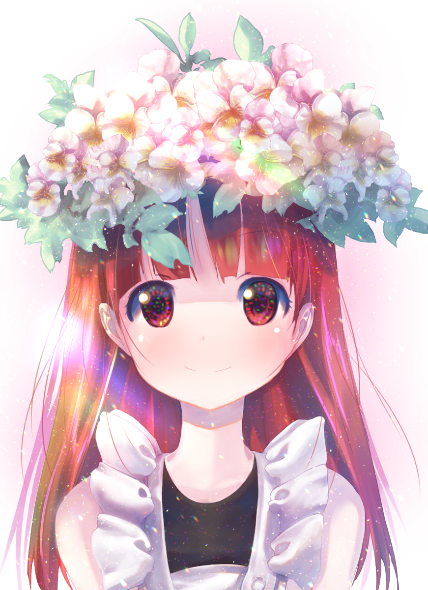 1girl bangs commentary_request flower flower_on_head highres kemurikusa long_hair looking_at_viewer red_eyes red_hair rina_(kemurikusa) simple_background smile solo straight_hair usapenpen2019 wreath