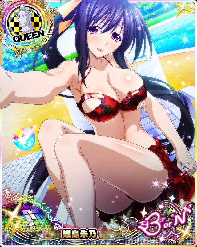 1girl :p bikini black_hair blush breasts card_(medium) character_name chess_piece cleavage cocktail cup day drink drinking_glass hair_ribbon high_school_dxd high_school_dxd_born himejima_akeno large_breasts long_hair long_ponytail navel official_art ponytail purple_eyes queen_(chess) red_bikini ribbon self_shot sitting solo swimsuit thighs tongue tongue_out torn_bikini torn_clothes trading_card tropical_drink very_long_hair water