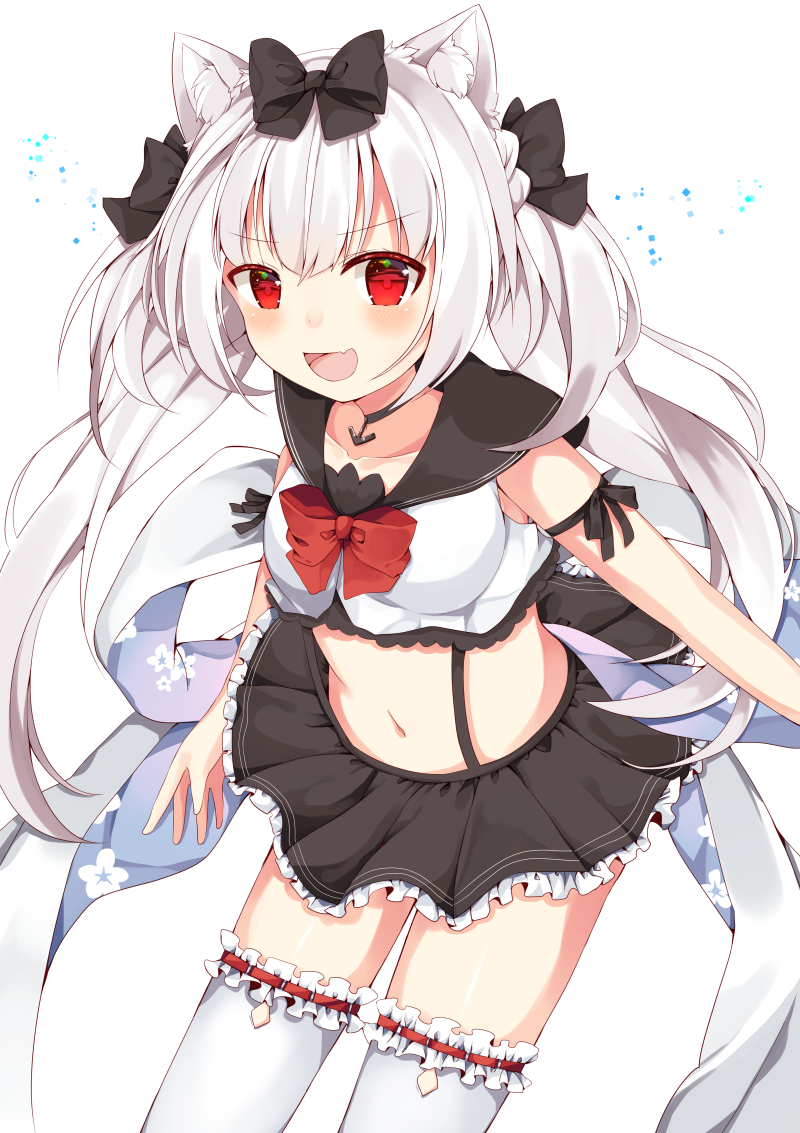 1girl :d animal_ear_fluff animal_ears azur_lane bangs bare_shoulders black_bow black_sailor_collar black_skirt blush bow breasts cat_ears commentary_request eyebrows_visible_through_hair fang frilled_legwear frilled_skirt frills hair_bow long_hair looking_at_viewer maki_soutoki midriff navel open_mouth pleated_skirt red_eyes sailor_collar shirt silver_hair skirt sleeveless sleeveless_shirt small_breasts smile solo thighhighs twintails very_long_hair white_background white_legwear white_shirt yukikaze_(azur_lane)
