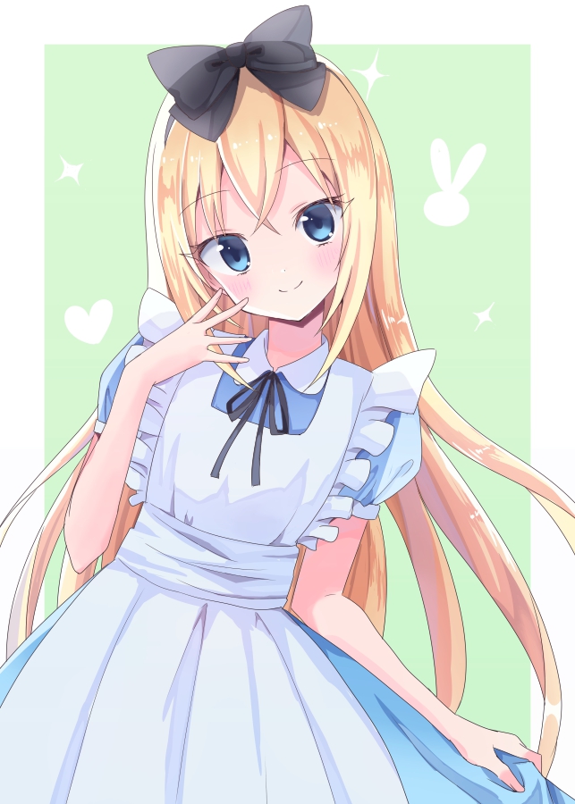 1girl alice_(wonderland) alice_in_wonderland apron bangs black_bow blonde_hair blue_dress blue_eyes blush bow closed_mouth collared_dress commentary_request dress eyebrows_visible_through_hair green_background hair_between_eyes hair_bow head_tilt heart long_hair maid_apron puffy_short_sleeves puffy_sleeves short_sleeves smile solo sparkle suzume_anko two-tone_background very_long_hair white_apron white_background
