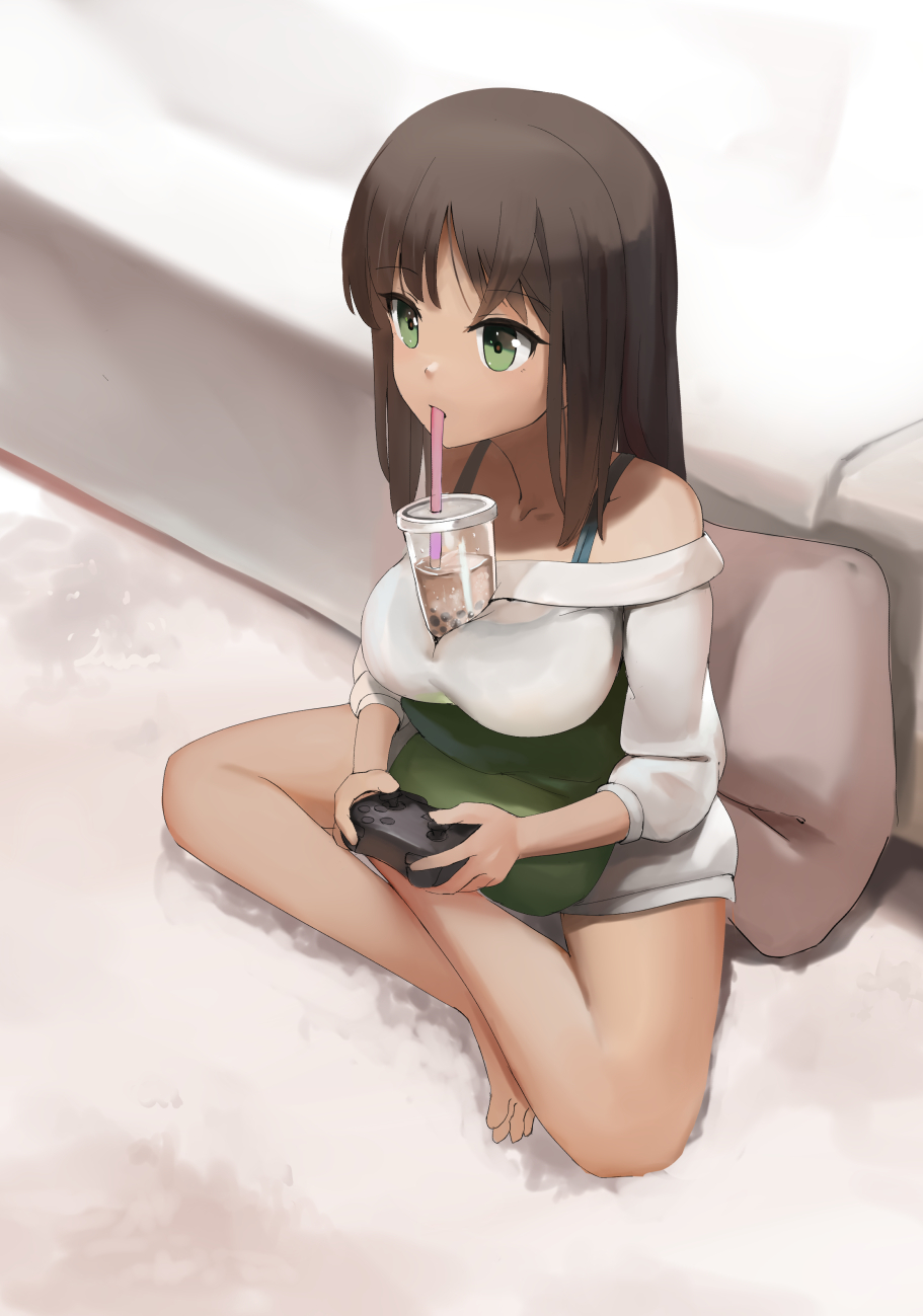 1girl alice_gear_aegis arms_at_sides bangs bare_legs bare_shoulders barefoot between_breasts black_hair blue_bra bra breast_rest breasts bubble_tea_challenge carpet condensation controller couch cup dark_skin disposable_cup drinking drinking_straw eyebrows_visible_through_hair game_controller green_eyes green_pillow grey_pillow highres holding_controller indian_style indoors kaneshiya_sitara large_breasts long_hair mouth_hold no_pants off-shoulder_sweater off_shoulder on_floor parted_bangs see-through shirt sitting sitting_on_floor solo sunga2usagi sweater underwear wet wet_clothes wet_shirt white_sweater