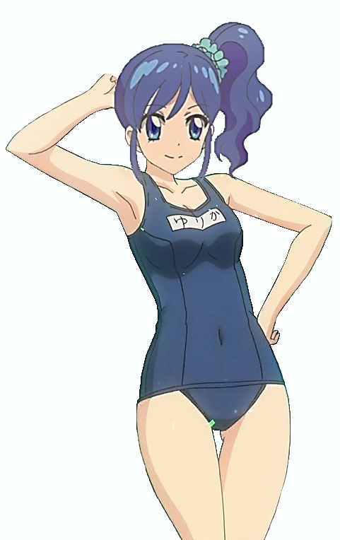 1girl 2018 aikatsu! armpits artist_request bare_arms bare_shoulders blue_eyes blue_hair blue_swimsuit closed_mouth covered_navel cowboy_shot eyebrows_visible_through_hair female foreshortening hair_ornament highres kiriya_aoi looking_at_viewer mound_of_venus name_tag official_art one-piece_swimsuit ponytail scan school_swimsuit scrunchie side_ponytail smile solo swimsuit white_background