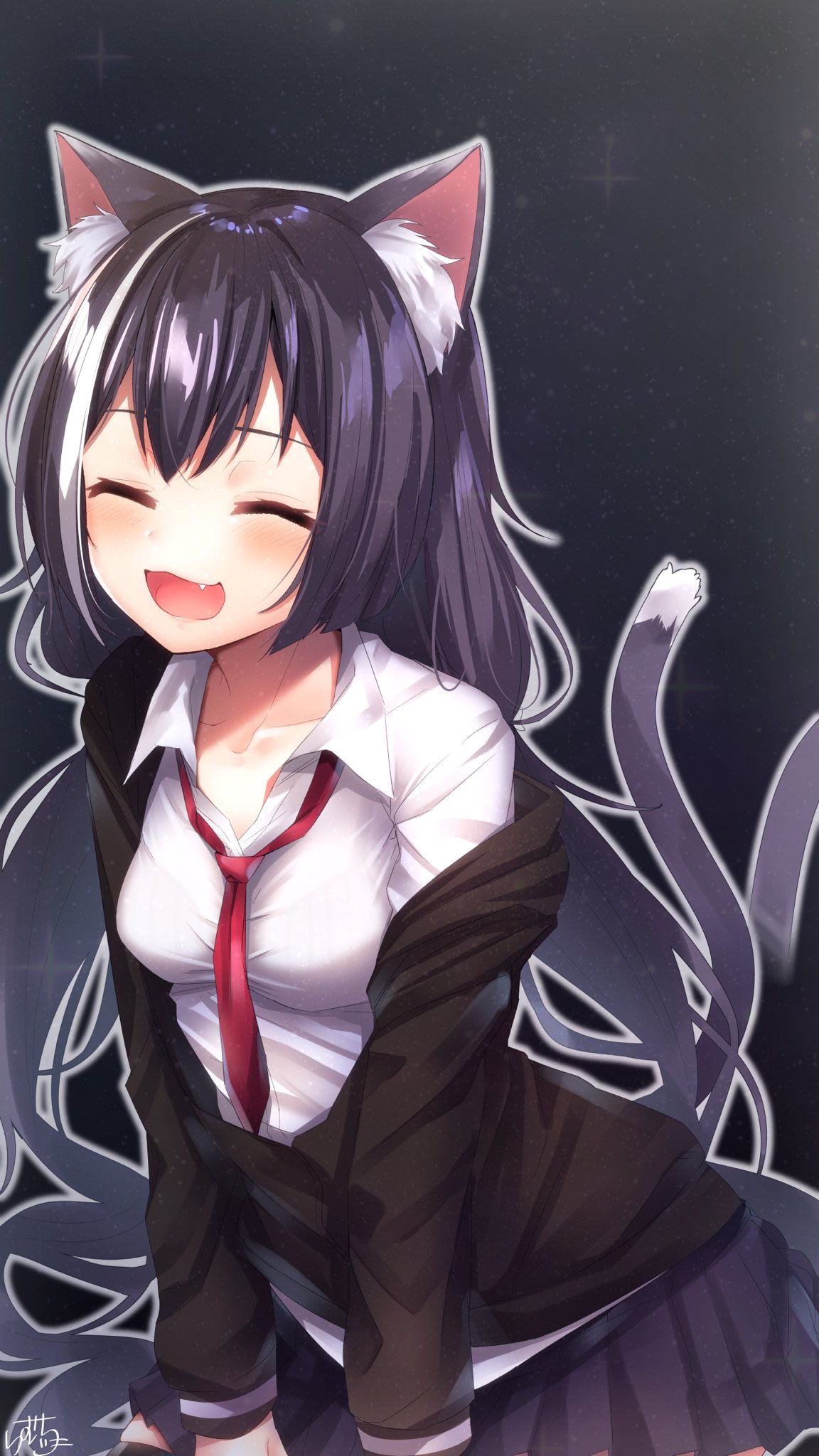 1girl :d ^_^ afterimage animal_ear_fluff animal_ears bangs black_hair black_jacket black_legwear black_skirt blush breasts cat_ears cat_girl cat_tail closed_eyes collarbone collared_shirt dress_shirt eyebrows_behind_hair fang grey_background highres jacket kyaru_(princess_connect) long_hair long_sleeves low_twintails multicolored_hair necktie off_shoulder open_clothes open_jacket open_mouth pleated_skirt princess_connect! princess_connect!_re:dive ramchi red_neckwear shirt signature skirt small_breasts smile solo sparkle streaked_hair tail tail_raised tail_wagging thighhighs twintails very_long_hair white_hair white_shirt