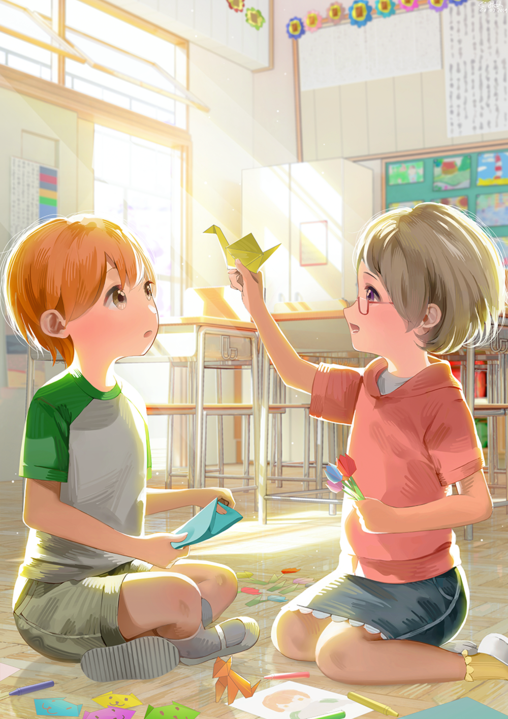 2girls :o bangs cabinet chair classroom crayon desk glasses grey_legwear highres holding holding_paper hoshizora_rin indian_style indoors koizumi_hanayo light_brown_hair love_live! love_live!_school_idol_project megumi_cv multiple_girls orange_hair origami paper pink_sweater purple_eyes short_hair shorts sitting skirt smile sunlight sweater two-tone_shirt white_footwear yellow_eyes yellow_legwear