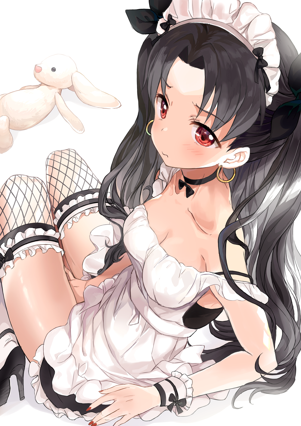 1girl alternate_costume between_legs black_hair blush bow bunny choker collarbone commentary doll earrings enmaided fate/grand_order fate_(series) fishnet_legwear fishnets frills hair_bow hand_between_legs high_heels highres ishtar_(fate/grand_order) jewelry looking_back maid maid_headdress nail_polish off_shoulder pout red_eyes saya_(mychristian2) sitting thighhighs twintails zettai_ryouiki