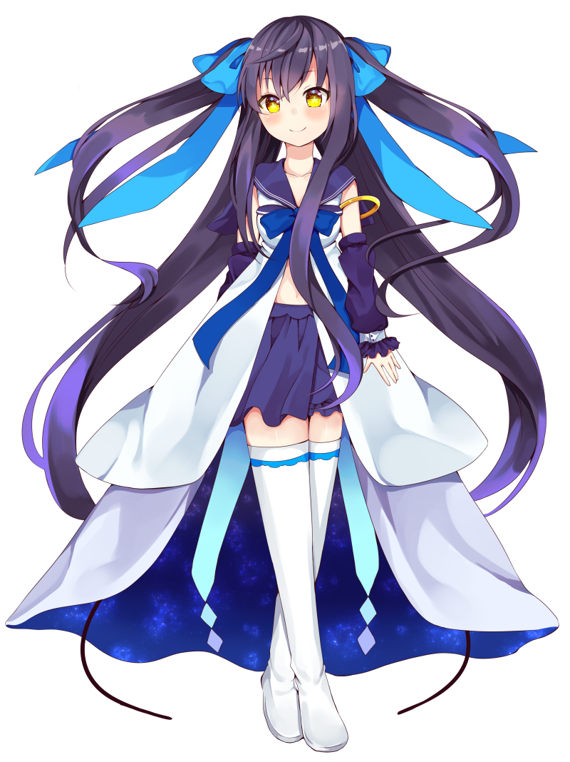 1girl bangs black_hair blue_bow blush boots bow brown_eyes closed_mouth commentary_request crossed_legs detached_sleeves dress eyebrows_visible_through_hair full_body hair_between_eyes hair_bow long_hair long_sleeves maki_soutoki original pleated_skirt puffy_long_sleeves puffy_sleeves purple_sailor_collar purple_skirt purple_sleeves sailor_collar sailor_dress simple_background skirt sleeveless sleeveless_dress sleeves_past_wrists smile solo standing thigh_boots thighhighs two_side_up very_long_hair watson_cross white_background white_dress white_footwear white_legwear yellow_eyes