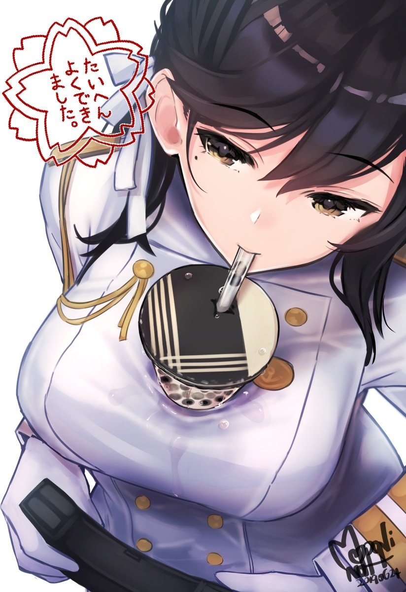1girl 2019 aiguillette animal_ears artist_name atago_(azur_lane) azur_lane bangs black_hair breasts brown_eyes bubble_tea bubble_tea_challenge buttons cup dated disposable_cup drinking drinking_straw epaulettes extra_ears eyebrows_visible_through_hair from_above gloves hair_ribbon highres large_breasts long_hair long_sleeves looking_away mappaninatta meme military military_uniform mole mole_under_eye object_on_breast ribbon shiny shiny_hair signature simple_background solo swept_bangs translation_request uniform wet wet_clothes white_background white_gloves white_ribbon white_uniform