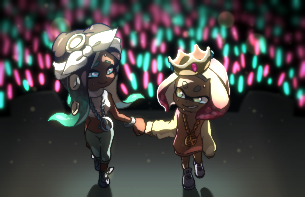 2girls bandana black_hair blurry blurry_background bokeh bracelet brown_eyes capri_pants cephalopod_eyes chain closed_mouth commentary_request crop_top crowd crown dark_skin depth_of_field dress fist_bump glowstick gradient_hair green_eyes green_hair grey_pants grin hime_(splatoon) iida_(splatoon) jewelry long_hair long_sleeves looking_at_another medium_hair multicolored_hair multiple_girls navel_piercing necklace pants partial_commentary pendant piercing pink_dress pink_hair pink_pupils shirt shoes short_dress sleeveless sleeveless_shirt smile splatoon_(series) splatoon_2 splatoon_2:_octo_expansion standing standing_on_one_leg suction_cups sweat sweater sweater_dress turtleneck ukata walking white_footwear white_hair white_shirt