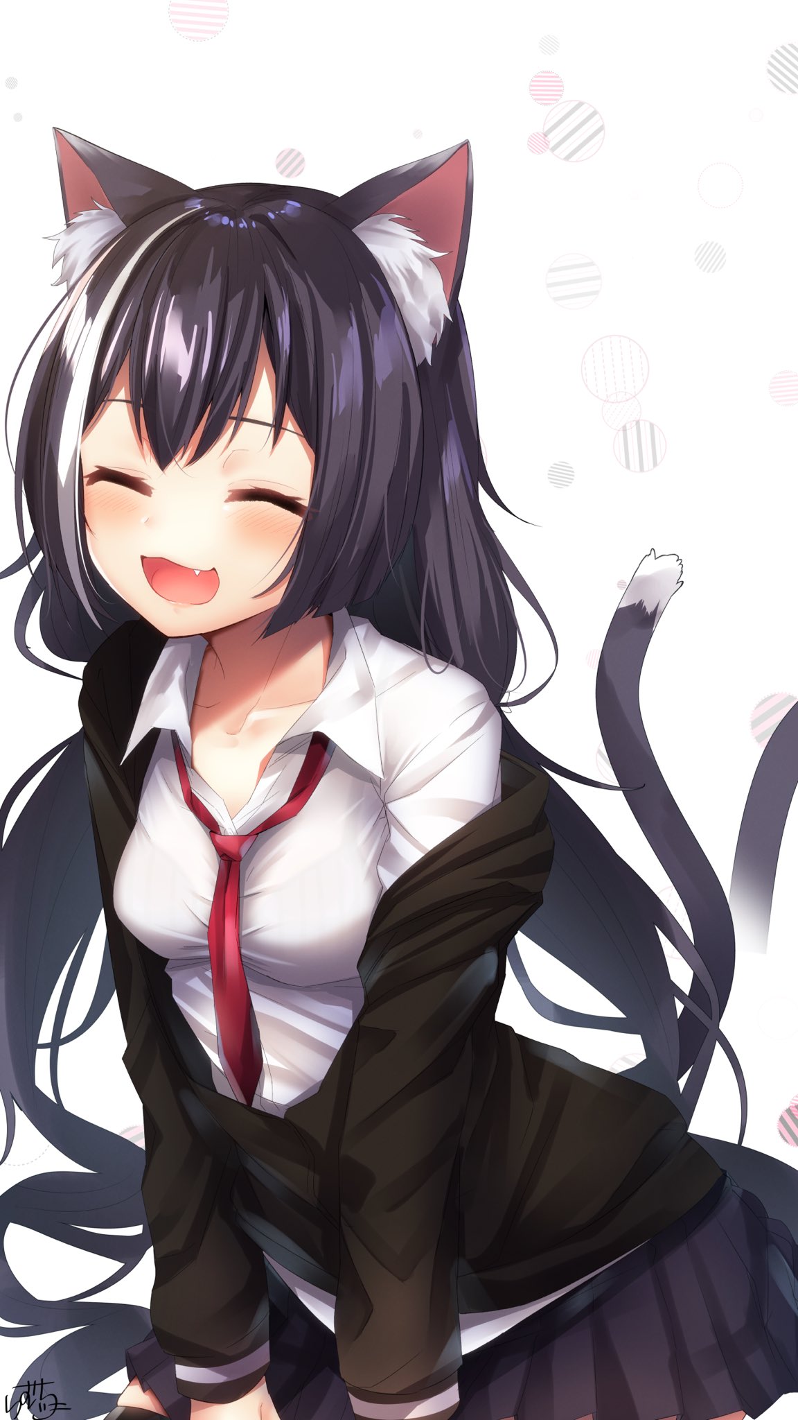 1girl :d ^_^ afterimage animal_ear_fluff animal_ears bangs black_hair black_jacket black_legwear black_skirt blush breasts cat_ears cat_girl cat_tail closed_eyes collarbone collared_shirt commentary_request dress_shirt eyebrows_behind_hair fang highres jacket kyaru_(princess_connect) long_hair long_sleeves low_twintails multicolored_hair necktie off_shoulder open_clothes open_jacket open_mouth pleated_skirt princess_connect! princess_connect!_re:dive ramchi red_neckwear shirt signature skirt small_breasts smile solo streaked_hair tail tail_raised tail_wagging thighhighs twintails very_long_hair white_background white_hair white_shirt