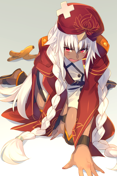 1girl all_fours banana banana_peel blush braid buttons cis05 commentary_request dark_skin dress eyebrows_visible_through_hair fate/grand_order fate_(series) food fruit hair_between_eyes hair_ornament hat jacket kneeling lakshmibai_(fate/grand_order) long_hair open_clothes open_eyes open_mouth red_eyes red_headwear red_jacket short_dress simple_background solo twin_braids very_long_hair white_dress white_hair