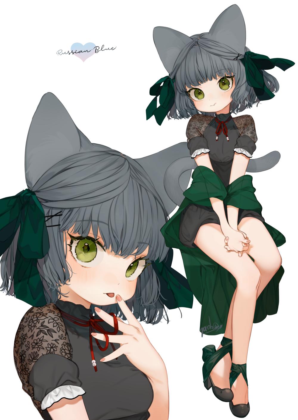 1girl :t animal_ears bangs black_dress black_footwear blush bow cat_ears cat_girl cat_tail closed_mouth commentary_request dress eyebrows_visible_through_hair fingernails gotoh510 green_bow green_eyes grey_hair hair_bow hair_ornament hairclip hand_to_own_mouth hand_up hands_together head_tilt heart highres interlocked_fingers looking_at_viewer multiple_views neck_ribbon original own_hands_together pouring red_ribbon ribbon see-through see-through_sleeves shoes short_sleeves signature simple_background sitting tail tongue tongue_out white_background x_hair_ornament