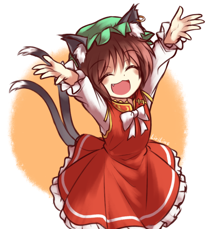:d ^_^ animal_ear_fluff animal_ears arms_up brown_hair cat_ears cat_tail chen closed_eyes dress fang frilled_dress frills lirilias long_sleeves multiple_tails open_mouth shirt short_hair smile tail touhou two_tails