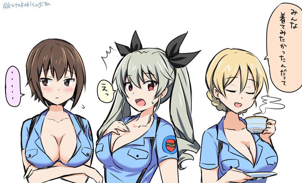 3girls :o alternate_costume anchovy aoshidan_school_uniform black_ribbon blonde_hair blue_shirt blush braid breast_pocket breasts brown_eyes brown_hair cleavage closed_eyes collarbone cup darjeeling embarrassed eyebrows_visible_through_hair facing_viewer girls_und_panzer green_hair hair_ribbon holding holding_cup holding_saucer katakori_sugita large_breasts long_hair looking_at_viewer looking_to_the_side multiple_girls nishizumi_maho pocket red_eyes ribbon school_uniform shirt short_hair short_sleeves simple_background teacup tied_hair twintails twitter_username upper_body white_background