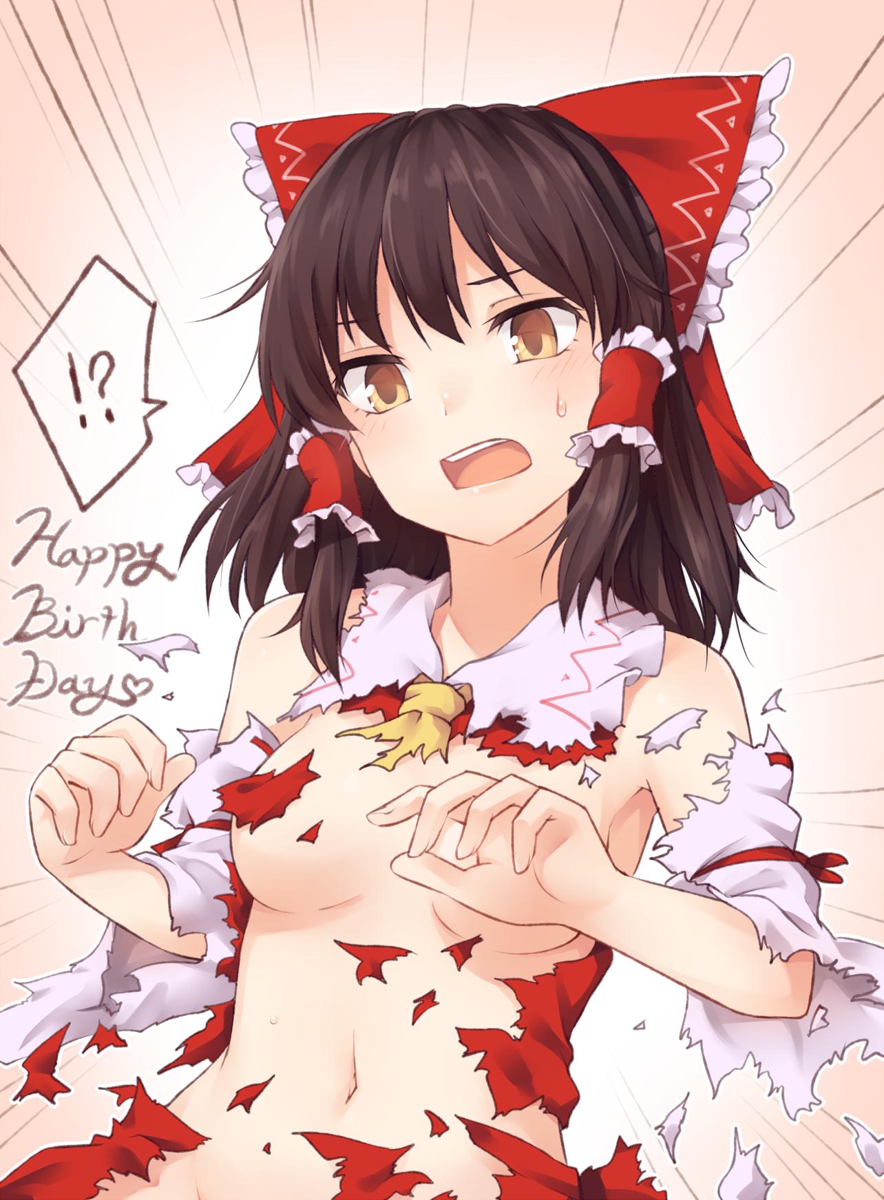 ! !? 1girl ? ascot bangs black_hair bow breasts brown_eyes commentary_request convenient_arm detached_sleeves emphasis_lines frilled_bow frills gradient gradient_background hair_bow hair_tubes hakurei_reimu happy_birthday head_tilt heart heart_of_string highres long_hair looking_at_viewer medium_breasts miyo_(ranthath) navel nude open_mouth pink_background red_bow sidelocks solo spoken_exclamation_mark spoken_question_mark stomach sweat torn_clothes torn_sleeves touhou upper_body white_background yellow_neckwear