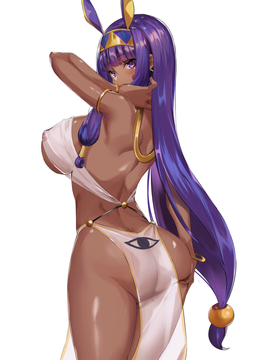 animal_ears back breasts dark_skin earrings egyptian_clothes facepaint facial_mark fate/grand_order fate_(series) hairband highres hoop_earrings jackal_ears jewelry large_breasts long_hair low-tied_long_hair nitocris_(fate/grand_order) purple_eyes purple_hair sidelocks spider_apple swimsuit very_long_hair white_swimsuit