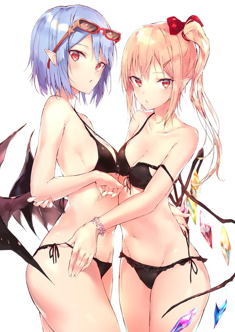 2girls asymmetrical_docking bangs bare_arms bare_shoulders bat_wings bikini black_bikini blonde_hair blue_hair blush breast_press breasts cleavage collarbone commentary_request cowboy_shot crystal eyebrows_visible_through_hair eyewear_on_head flandre_scarlet from_side groin hair_ornament hairclip long_hair looking_at_viewer medium_breasts multiple_girls navel no_hat no_headwear one_side_up parted_lips pointy_ears red-framed_eyewear red_eyes remilia_scarlet sakusyo short_hair siblings side-tie_bikini sidelocks simple_background sisters standing stomach strap_slip sunglasses swimsuit thighs touhou white_background wings