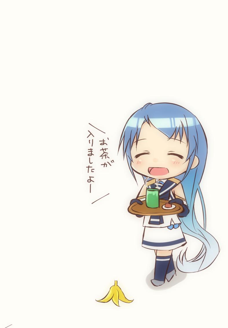 1girl banana_peel bangs blue_gloves blue_hair blue_legwear blush chibi closed_eyes commentary_request cup elbow_gloves eyebrows_visible_through_hair gloves holding holding_tray kantai_collection long_hair mae_(maesanpicture) open_mouth samidare_(kantai_collection) simple_background solo swept_bangs thighhighs translation_request tray very_long_hair white_background white_serafuku zettai_ryouiki