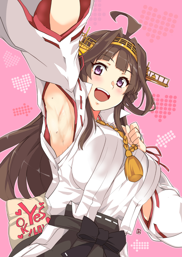 1girl :d ahoge aoi_manabu armpits breasts brown_hair double_bun headgear jewelry kantai_collection kongou_(kantai_collection) large_breasts long_hair looking_at_viewer nontraditional_miko open_mouth pink_background purple_eyes remodel_(kantai_collection) ring smile solo wedding_band yes-no_pillow
