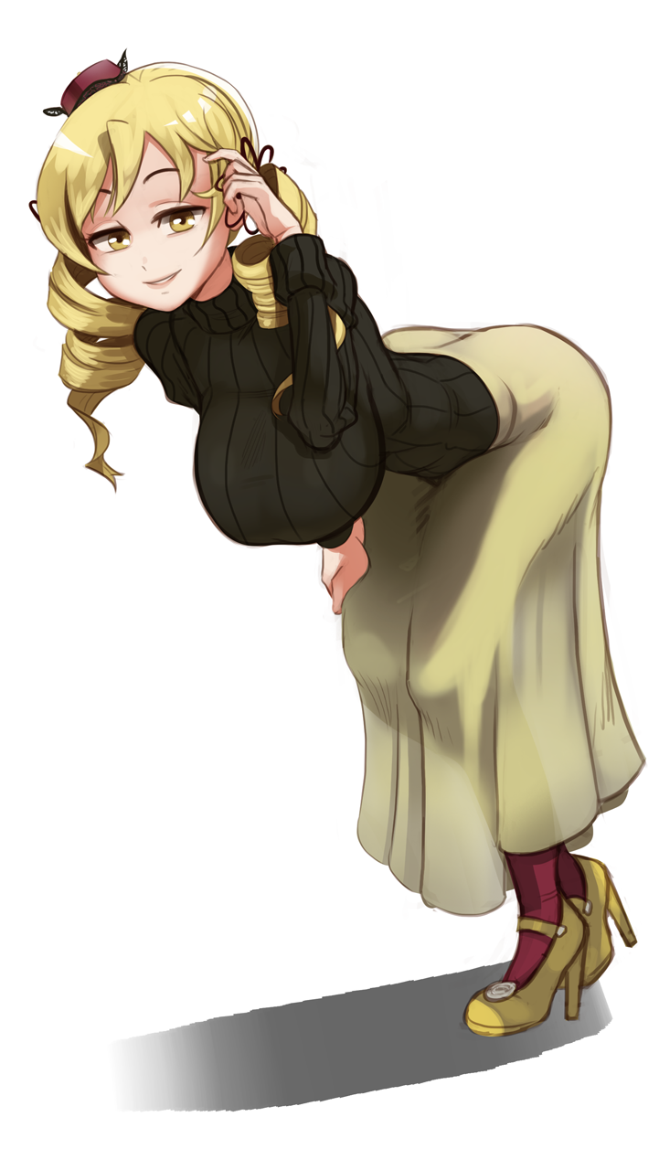 1girl bent_over black_sweater blonde_hair breasts commission drill_hair full_body hair_ornament hairpin hanging_breasts hat high_heels highres large_breasts long_hair looking_at_viewer mahou_shoujo_madoka_magica mini_hat polyle ribbed_sweater slender_waist solo sweater tomoe_mami turtleneck turtleneck_sweater twin_drills yellow_eyes