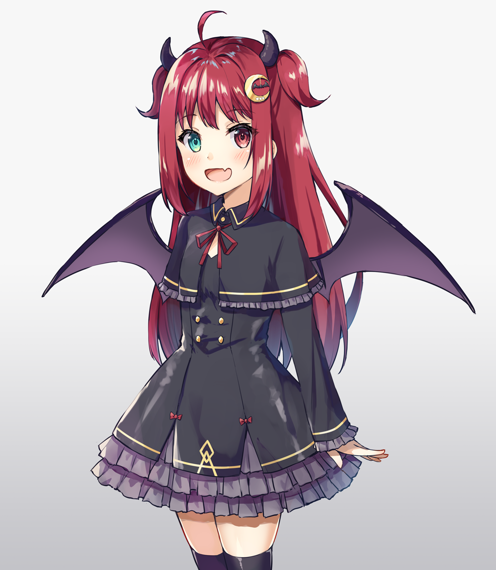 1girl :d bangs bat_hair_ornament black_capelet black_dress black_legwear blush capelet commentary_request cowboy_shot crescent crescent_hair_ornament demon_girl demon_horns demon_wings dress eyebrows_visible_through_hair fang frilled_capelet frilled_dress frills gradient gradient_background green_eyes grey_background hair_ornament heterochromia horns long_hair looking_at_viewer neck_ribbon nijisanji open_mouth red_eyes red_hair red_ribbon ribbon skindentation smile solo syuurin thighhighs two_side_up very_long_hair virtual_youtuber white_background wings yuzuki_roa