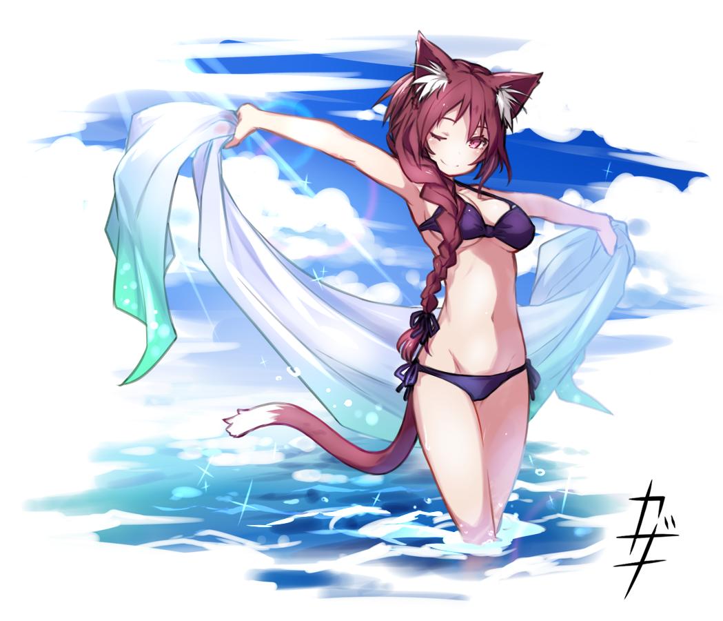 1girl animal_ear_fluff animal_ears armpits arms_up beach bikini braid breasts brown_eyes brown_hair cat_ears cat_tail cleavage cloud commentary_request kazana_(sakuto) long_hair navel ocean one_eye_closed original outdoors outstretched_arms purple_bikini sky smile solo swimsuit tail towel wading
