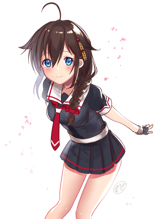 1girl ahoge asymmetrical_hair black_serafuku black_shirt black_skirt blue_eyes blush brown_hair closed_mouth collarbone hair_between_eyes hair_ornament hair_over_shoulder hairpin ittokyu kantai_collection leaning_forward long_hair looking_at_viewer miniskirt neckerchief outstretched_arms pleated_skirt red_neckwear sailor_collar school_uniform serafuku shigure_(kantai_collection) shiny shiny_hair shirt short_sleeves simple_background skirt smile solo standing white_background white_sailor_collar