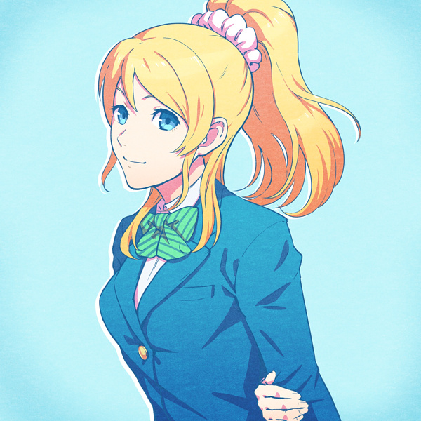 1girl arm_behind_back ayase_eli blonde_hair blue_background blue_eyes blue_jacket bow bowtie closed_mouth collared_shirt dress_shirt gomi green_neckwear hair_ornament hair_scrunchie high_ponytail jacket long_hair long_sleeves love_live! love_live!_school_idol_project scrunchie shirt simple_background smile solo striped striped_bow striped_neckwear upper_body white_scrunchie white_shirt wing_collar