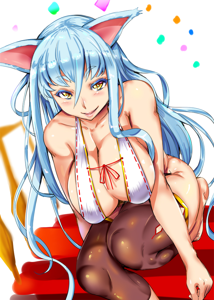 1girl animal_ears bangs black_legwear blue_hair blush breasts cat_ears cleavage collarbone hair_between_eyes large_breasts long_hair looking_at_viewer nontraditional_miko original parted_lips revealing_clothes shiny shiny_skin short_eyebrows smile solo thighhighs usyuuri yellow_eyes