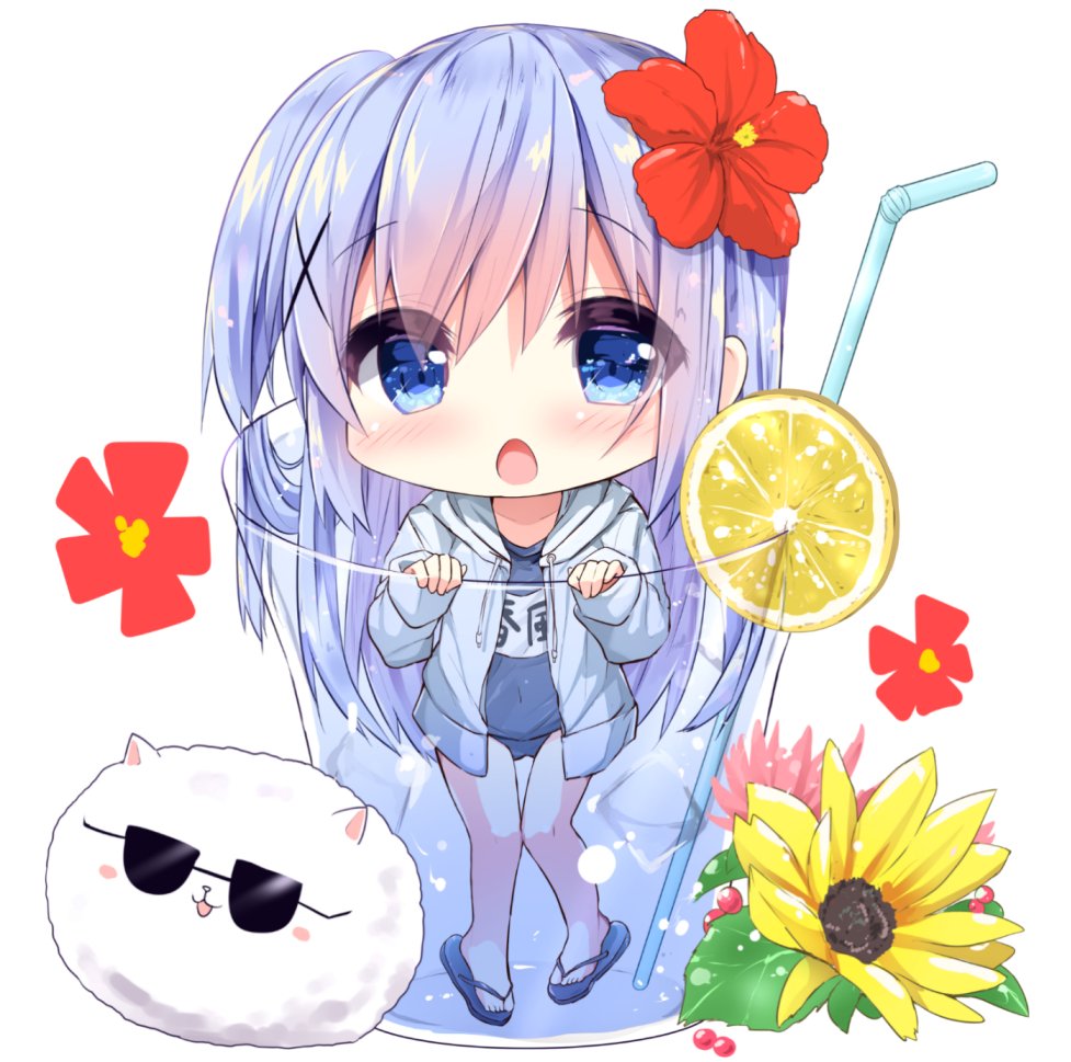 1girl angora_rabbit animal ass_visible_through_thighs bangs bendy_straw blue_eyes blue_footwear blue_hair blue_jacket blue_swimsuit blush bunny chestnut_mouth chibi commentary_request covered_navel cup drawstring drink drinking_glass drinking_straw eyebrows_visible_through_hair flower food gochuumon_wa_usagi_desu_ka? hair_between_eyes hair_flower hair_ornament hood hood_down hooded_jacket ice_cream in_container in_cup jacket kafuu_chino kouda_suzu long_hair long_sleeves looking_at_viewer minigirl name_tag old_school_swimsuit one-piece_swimsuit open_clothes open_jacket open_mouth red_flower sandals school_swimsuit sleeves_past_wrists sunglasses swimsuit swimsuit_under_clothes tippy_(gochiusa) very_long_hair white_background x_hair_ornament yellow_flower
