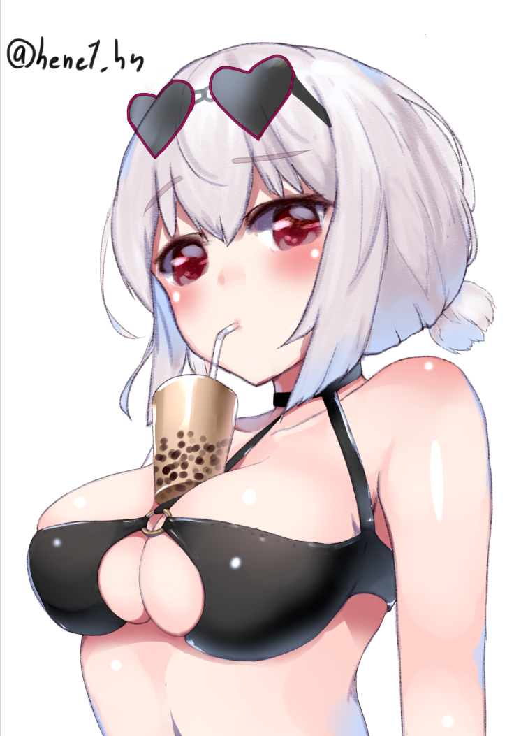 1girl azur_lane bangs bare_shoulders bendy_straw bikini black_bikini black_choker blush breasts bubble_tea bubble_tea_challenge choker cleavage collarbone commentary_request drinking drinking_straw eyebrows_visible_through_hair eyewear_on_head hair_between_eyes heart heart-shaped_eyewear henet_hene large_breasts navel o-ring o-ring_bikini o-ring_top object_on_breast red-framed_eyewear red_eyes silver_hair simple_background sirius_(azur_lane) sirius_(midsummer_seirios)_(azur_lane) solo sunglasses swimsuit twitter_username upper_body white_background