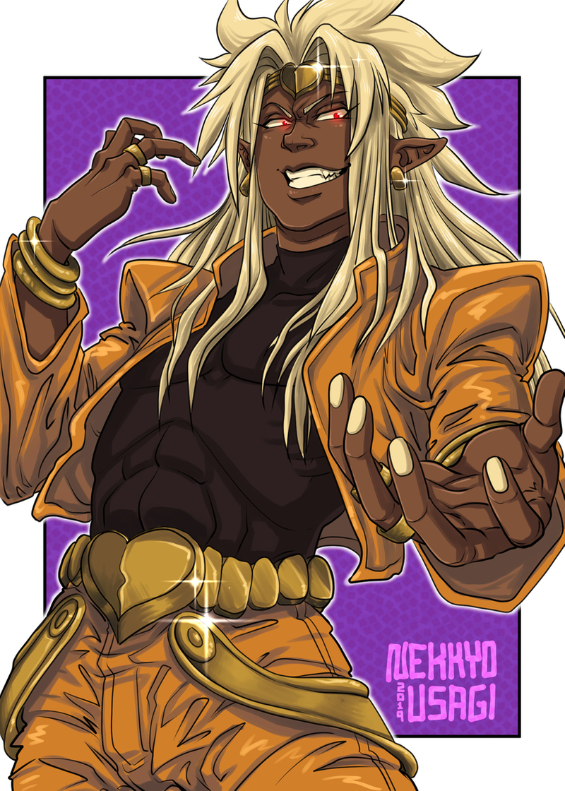 1boy blonde_hair commentary commission cosplay dark_skin dark_skinned_male dio_brando dio_brando_(cosplay) english_commentary evil_grin evil_smile godzilla:_king_of_the_monsters godzilla_(series) grid grin headband jojo_no_kimyou_na_bouken king_ghidorah king_ghidorah_(godzilla:_king_of_the_monsters) long_hair looking_at_viewer male_focus nekkyo_usagi personification pointy_ears red_eyes smile solo solo_focus