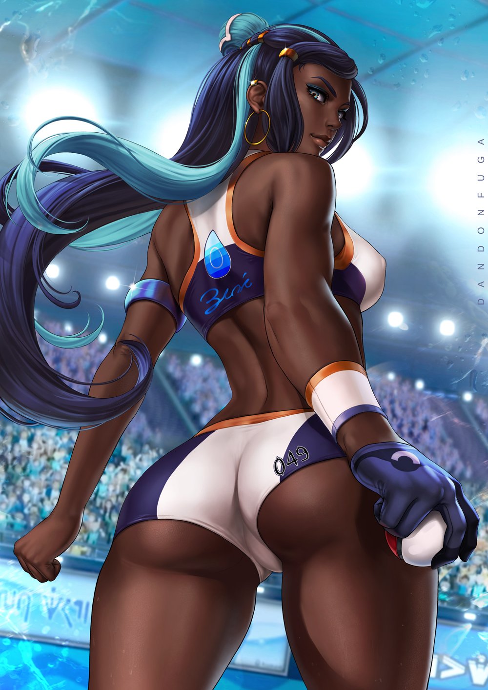 1girl armlet ass black_hair blue_eyes blue_hair commentary dandon_fuga dark_skin earrings english_commentary gloves gym_leader hair_ornament highres hoop_earrings jewelry long_hair looking_at_viewer multicolored_hair necklace poke_ball pokemon pokemon_(game) pokemon_swsh rurina_(pokemon) solo stadium swimsuit