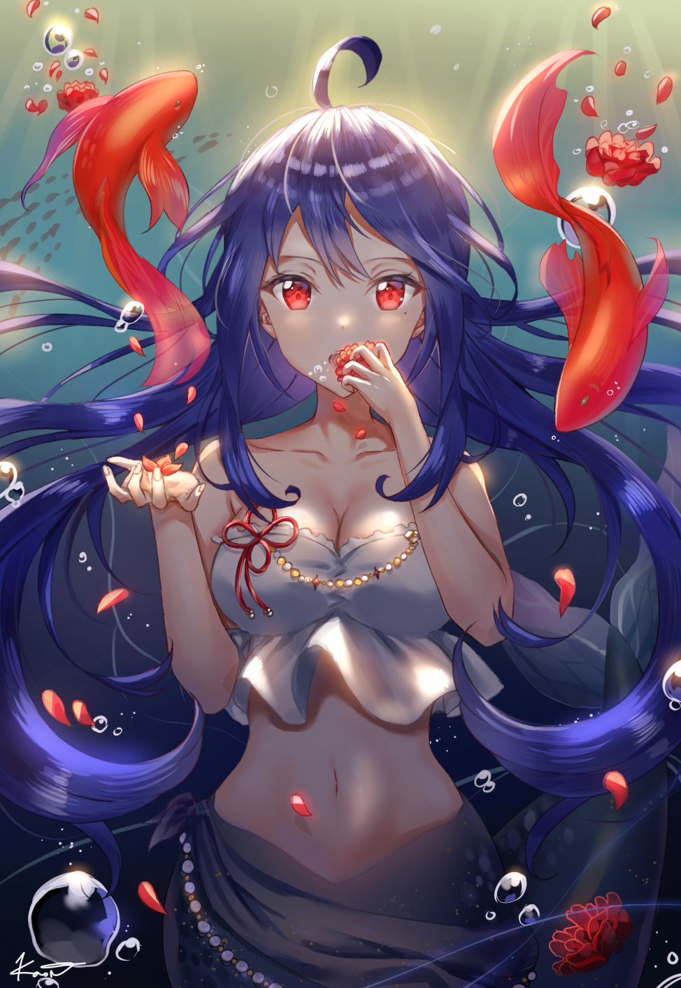 1girl :o ahoge animal bare_arms bare_shoulders beads blue_hair breasts cleavage collarbone crop_top fish floating_hair flower goldfish hands_up highres holding kaon_(kaon_ll) large_breasts light_rays long_hair looking_at_viewer mermaid mole mole_under_eye monster_girl navel open_mouth original petals red_eyes red_flower solo stomach underwater very_long_hair water