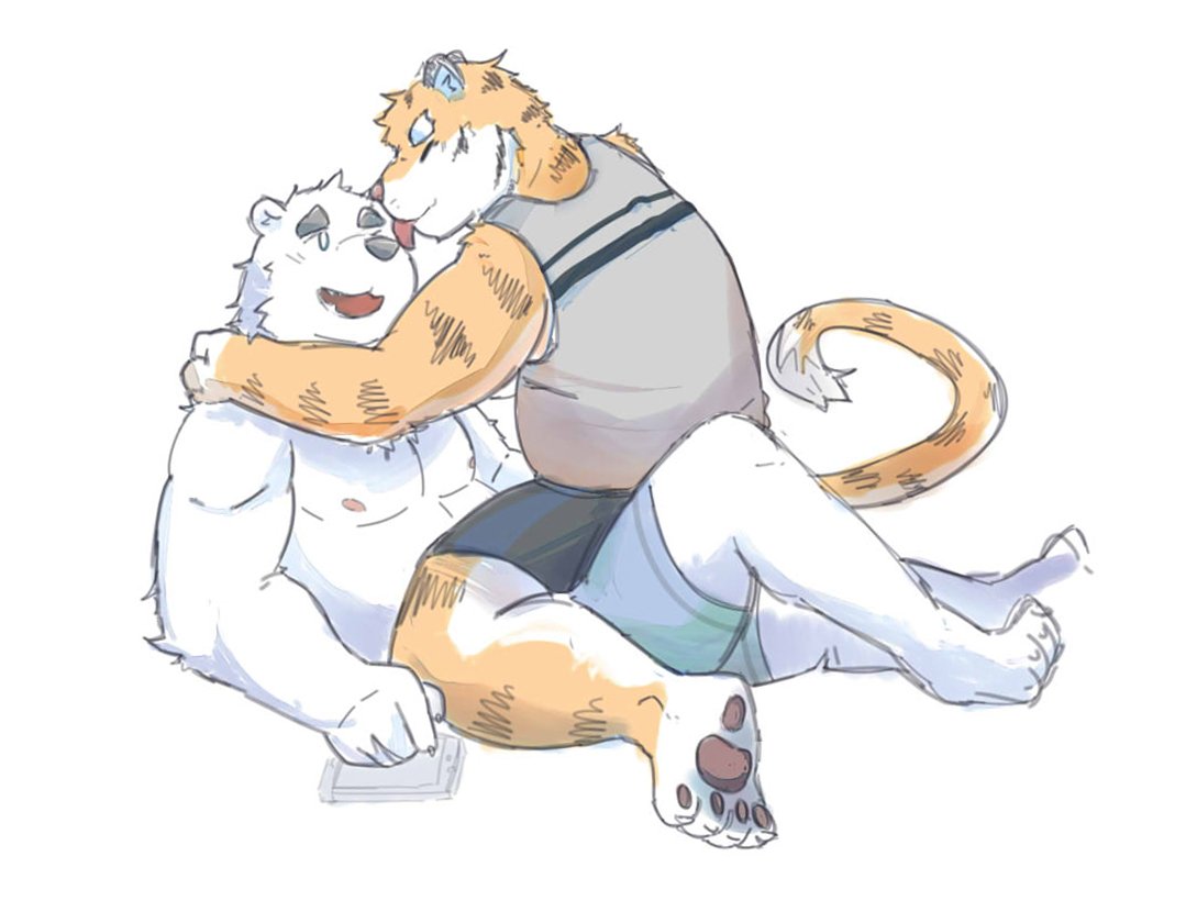 2018 anthro belly bottomwear clothing cute_fangs duo eyes_closed felid fur licking male male/male mammal moobs nipples numpia pantherine polar_bear shirt shorts simple_background sitting slightly_chubby tiger tongue tongue_out topwear underwear ursid ursine white_background white_fur