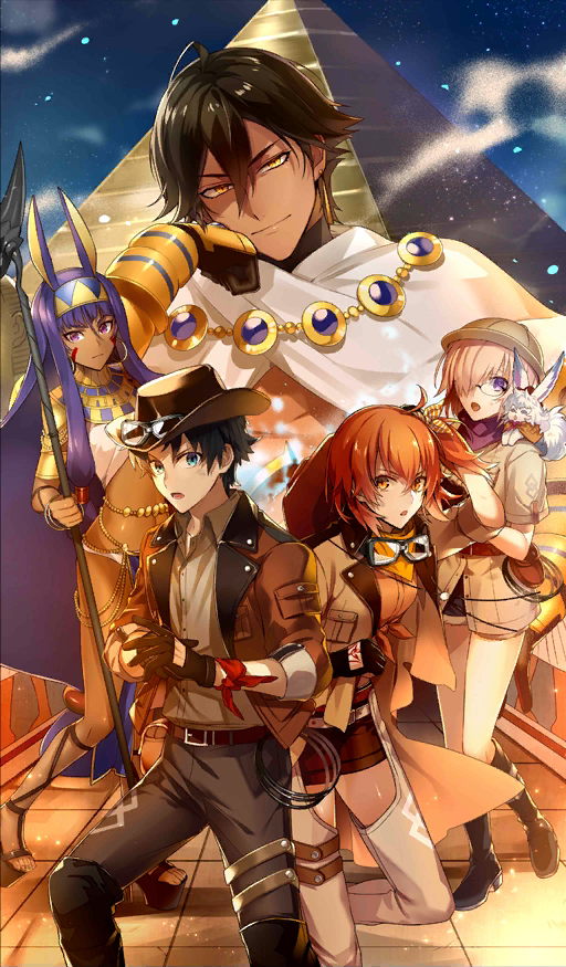 2boys 3girls :o ahoge animal animal_on_shoulder black_gloves black_hair black_pants boots brown_hair cape chaps closed_mouth command_spell commentary commentary_request craft_essence fate/grand_order fate/prototype fate/prototype:_fragments_of_blue_and_silver fate_(series) fou_(fate/grand_order) fujimaru_ritsuka_(female) fujimaru_ritsuka_(male) gloves goggles goggles_around_neck goggles_on_headwear hat hat_around_neck helmet holding holding_staff jewelry knee_boots lavender_hair long_hair looking_at_viewer low-tied_long_hair mash_kyrielight midriff multiple_boys multiple_girls necklace nitaka_(fujikichi) nitocris_(fate/grand_order) official_art orange_shirt ozymandias_(fate) pants pith_helmet purple_hair pyramid shirt short_hair shorts side_ponytail smile staff tan tied_shirt white_cape yellow_eyes