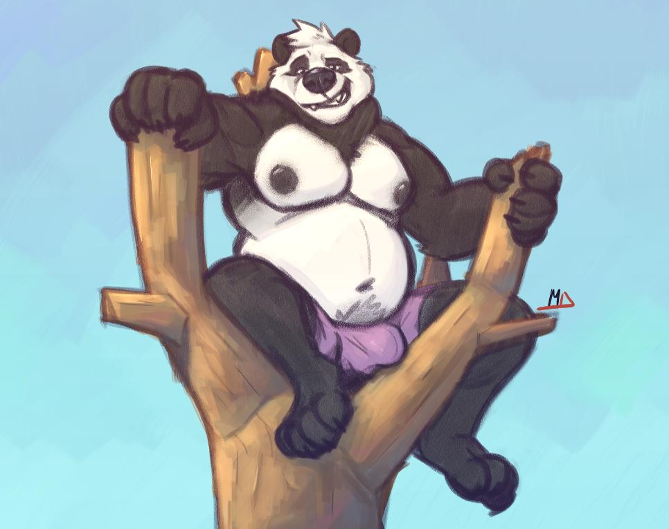 2019 anthro belly black_fur blue_background bulge clothing fur giant_panda male mammal minedoo moobs navel nipples overweight overweight_male simple_background sitting solo underwear ursid white_fur