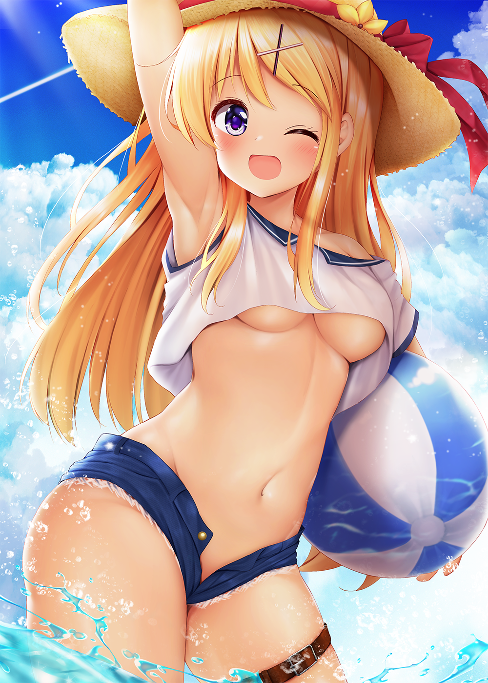 1girl ;d arm_up armpits ball bangs bare_shoulders beachball blonde_hair blue_shorts blue_sky blush bow breasts brown_headwear cloud cloudy_sky commentary_request crop_top crop_top_overhang day eyebrows_visible_through_hair groin hair_ornament hairclip hat hat_bow highres kin-iro_mosaic kujou_karen long_hair looking_at_viewer medium_breasts minato_(ojitan_gozaru) navel off_shoulder one_eye_closed open_clothes open_fly open_mouth open_shorts outdoors purple_eyes red_bow shirt short_shorts shorts skindentation sky smile solo sun_hat underboob very_long_hair wading water white_shirt x_hair_ornament
