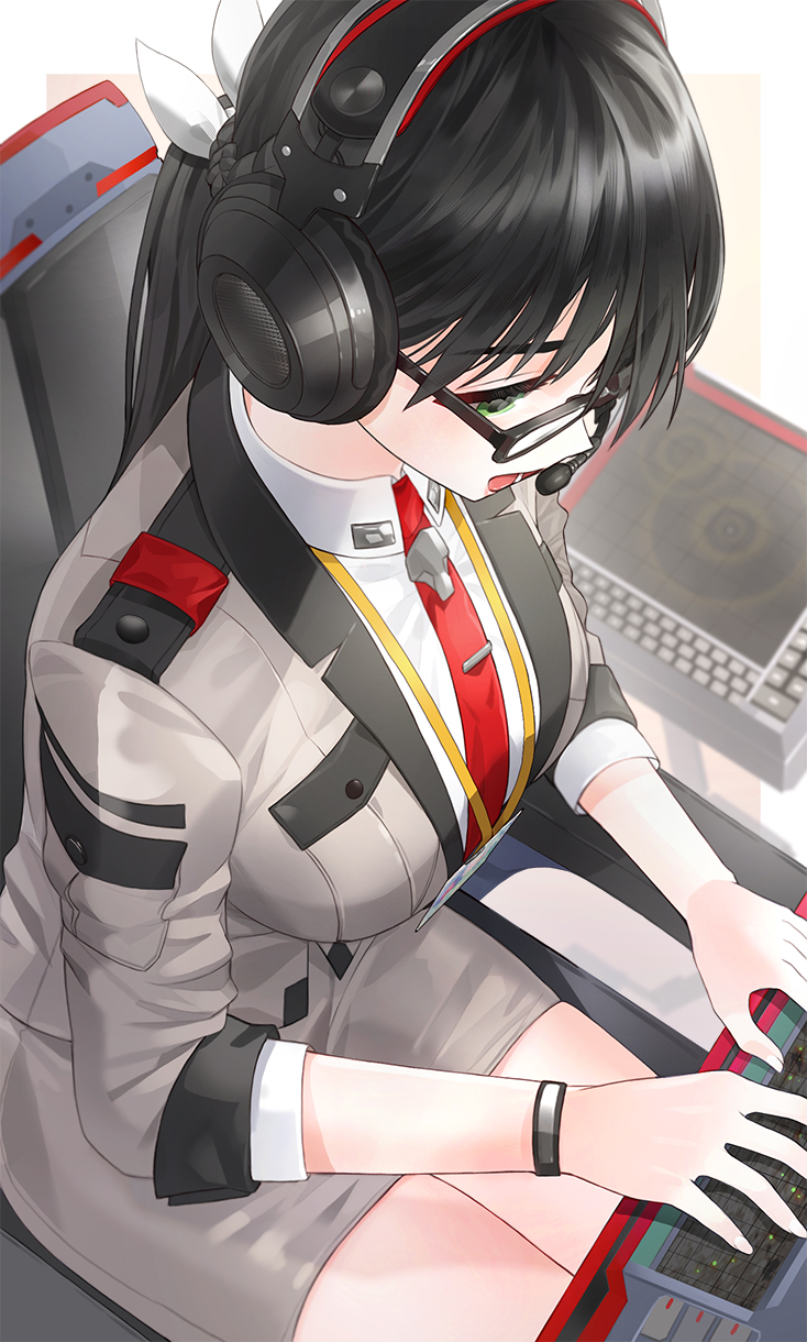 1girl bangs black_hair bracelet breasts eyebrows_visible_through_hair from_above glasses green_eyes headset highres jewelry keyboard_(computer) kfr long_hair medium_breasts necktie open_mouth original pencil_skirt ponytail sitting skirt solo uniform