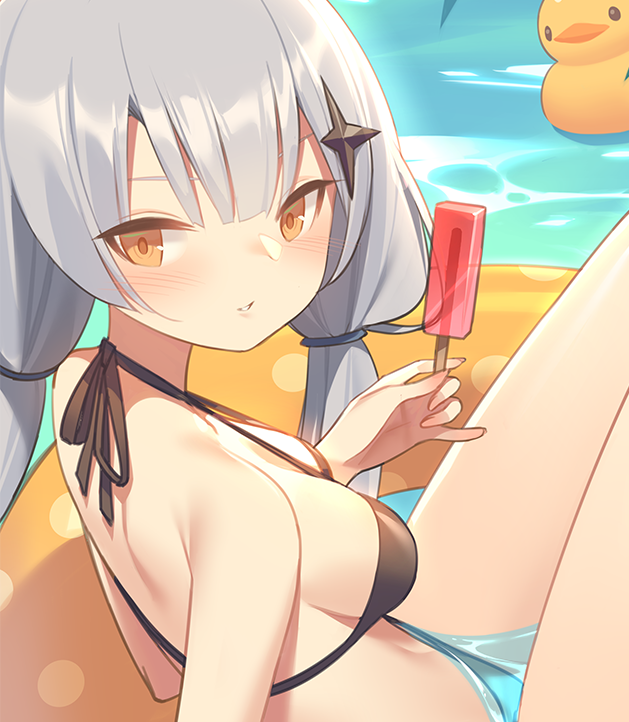 1girl bangs bare_shoulders bikini black_bikini blush breasts brown_eyes commentary_request day eyebrows_visible_through_hair food grey_hair hair_ornament holding holding_food innertube long_hair looking_at_viewer looking_to_the_side low_twintails medium_breasts original outdoors parted_lips popsicle rubber_duck solo swimsuit twintails water yura_(botyurara)