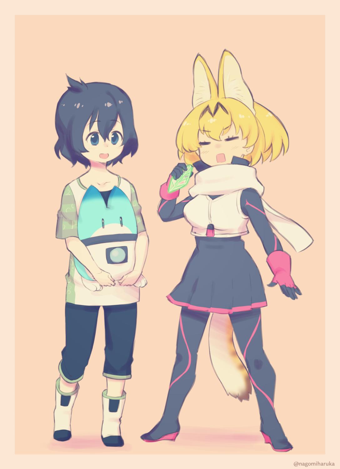 2girls :d =_= animal_ear_fluff animal_ears artist_name bangs black_hair blonde_hair blue_eyes boots closed_eyes commentary_request cosplay creator_connection extra_ears eyebrows_visible_through_hair full_body gloves hair_between_eyes highres kaban_(kemono_friends) kemono_friends kemurikusa kemurikusa_(object) lucky_beast_(kemono_friends) multiple_girls nagomi_haruka open_mouth pants pleated_skirt raglan_sleeves rin_(kemurikusa) rin_(kemurikusa)_(cosplay) scarf serval_(kemono_friends) serval_ears serval_tail short_hair simple_background skirt smile square_mouth tail thigh_boots thighhighs twitter_username wakaba_(kemurikusa) wakaba_(kemurikusa)_(cosplay) white_scarf