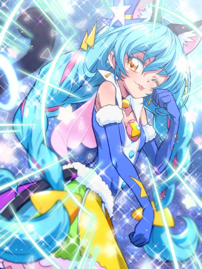 1girl ;p animal_ears aqua_hair braid brown_eyes cat_ears cure_cosmo elbow_gloves gloves one_eye_closed precure star_twinkle_precure tj-type1 tongue tongue_out twin_braids